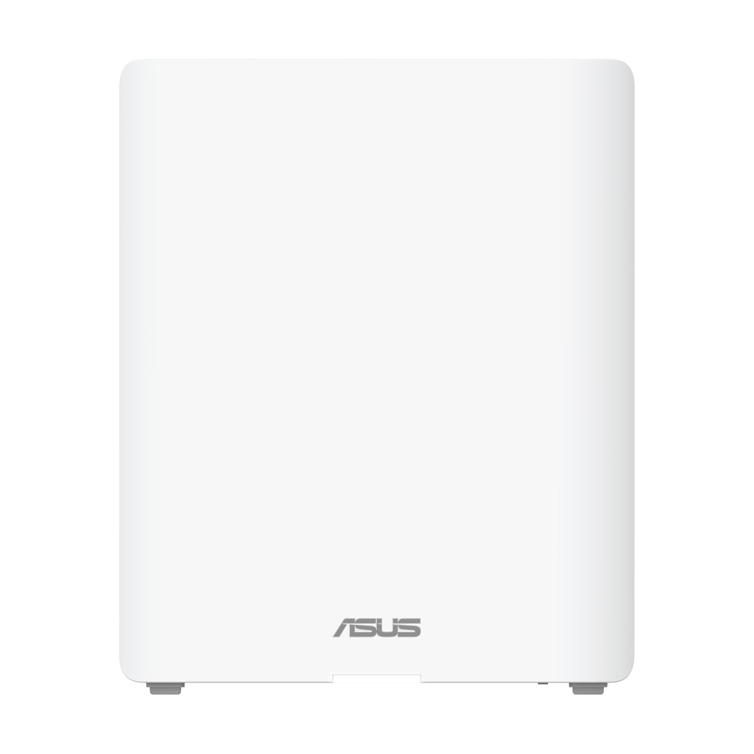 Un appareil ASUS blanc, probablement un routeur. Il a des coins arrondis, un logo en bas et deux petits pieds gris.