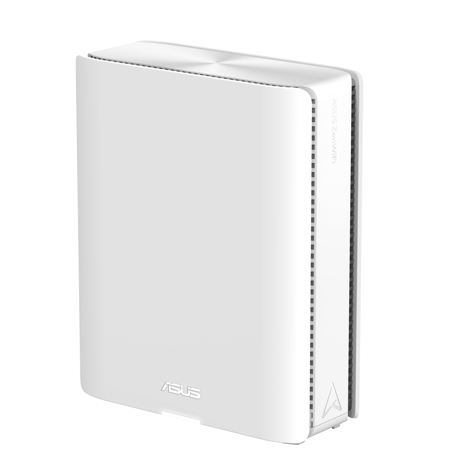 Un routeur ASUS ZenWiFi blanc. Il a une forme rectangulaire avec des coins arrondis, un logo ASUS et une ventilation latérale.