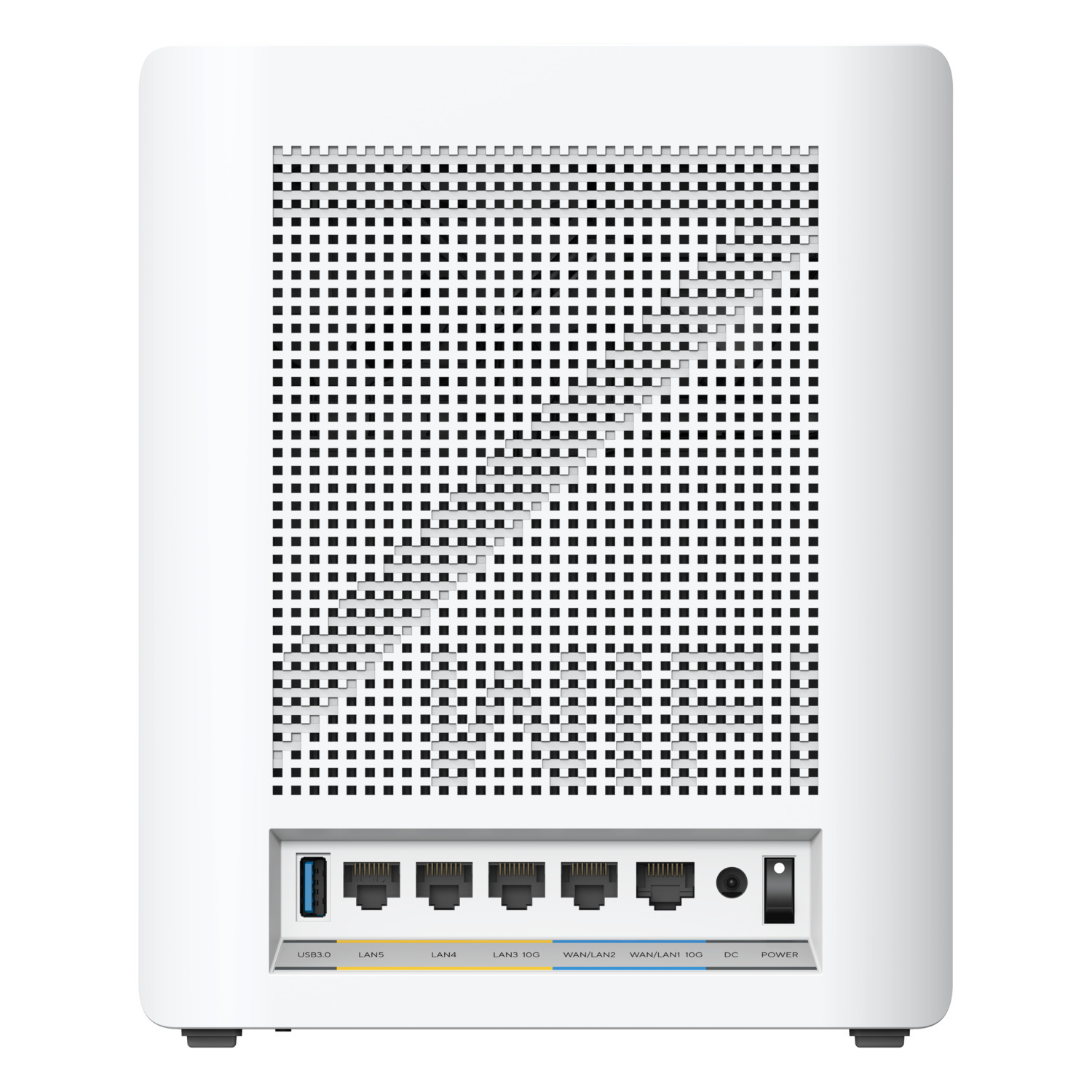 Routeur blanc avec ports noirs et gris, USB et alimentation. Ports étiquetés LAN, WAN et DC.