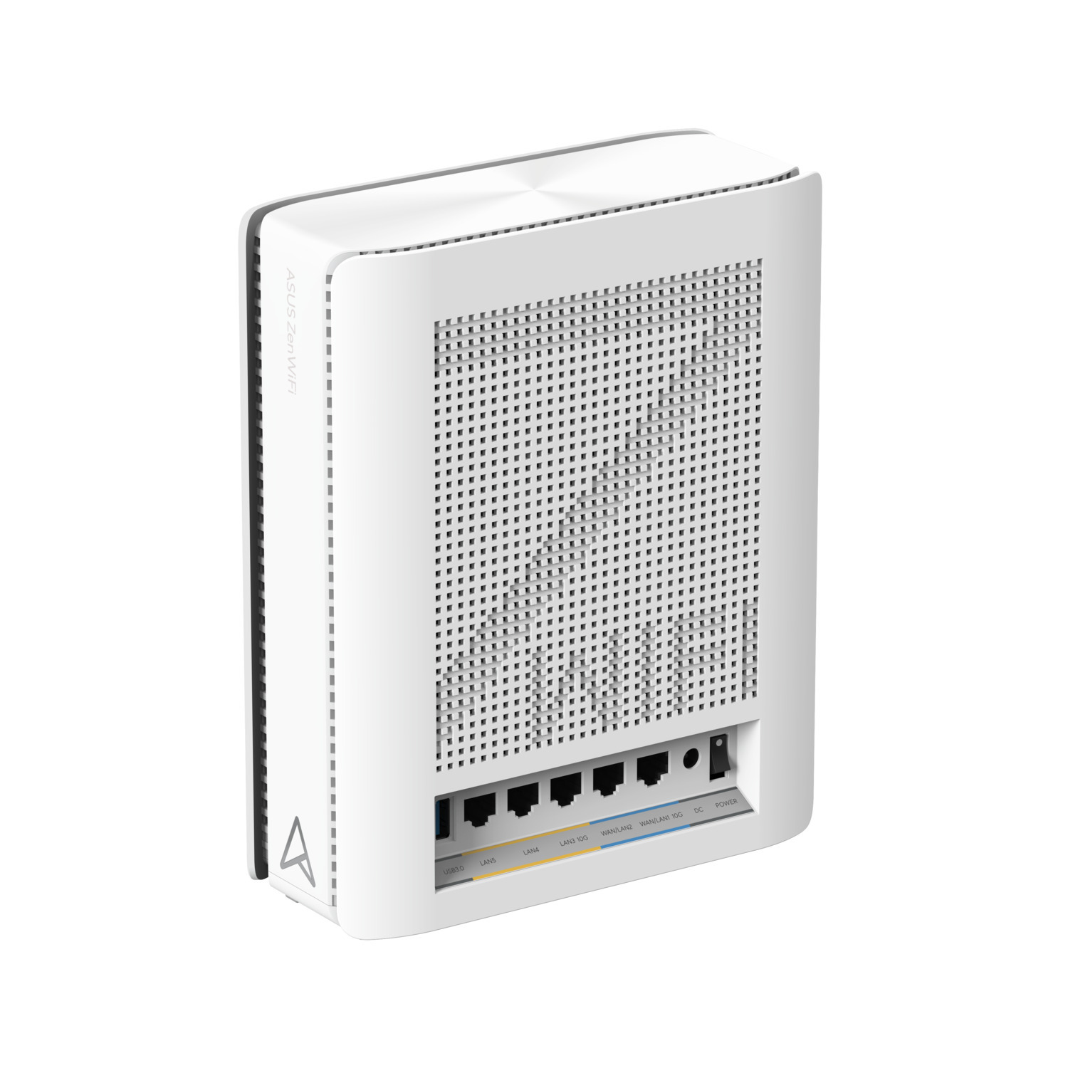 Un routeur ASUS Zen WiFi blanc. Il possède des ports USB, LAN et d'alimentation. La face avant présente un motif en grille.