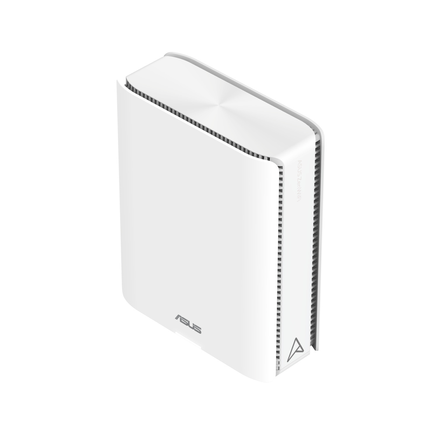 Un routeur ASUS ZenWiFi blanc. Il est rectangulaire avec des bords arrondis. Le logo ASUS est visible. Le dessus a un design circulaire argenté.