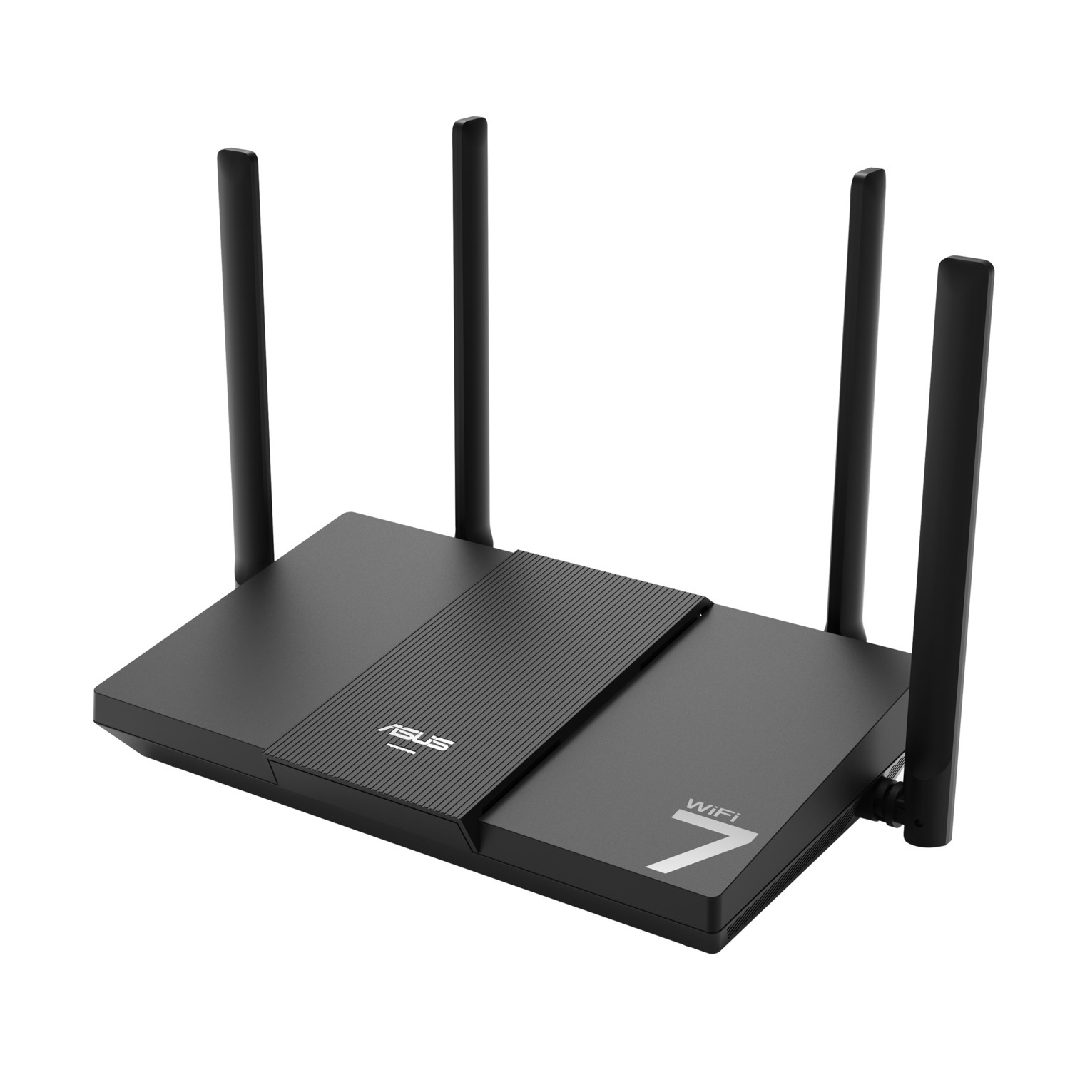 Black ASUS WiFi 7 router. It has four antennas, a rectangular body, and the ASUS logo.