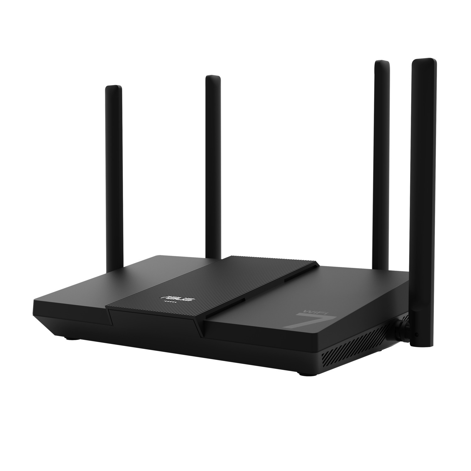 A black ASUS WiFi 7 router with four antennas. The router is on a white background. The top has a textured surface.