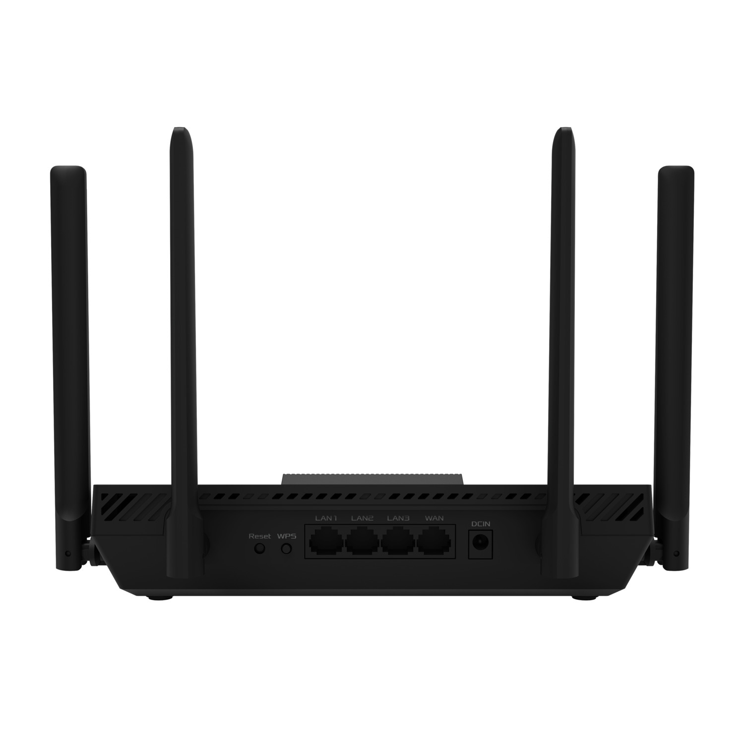Black router with four antennas standing upright. The router has multiple ports and buttons, including LAN, WAN, and WPS.
