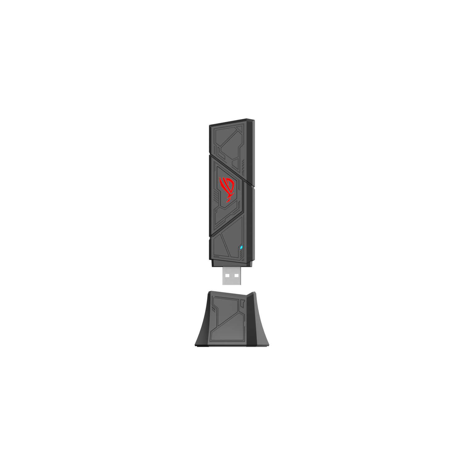 A black and gray ROG USB adapter with a red logo is on a white background. A stand is below it.