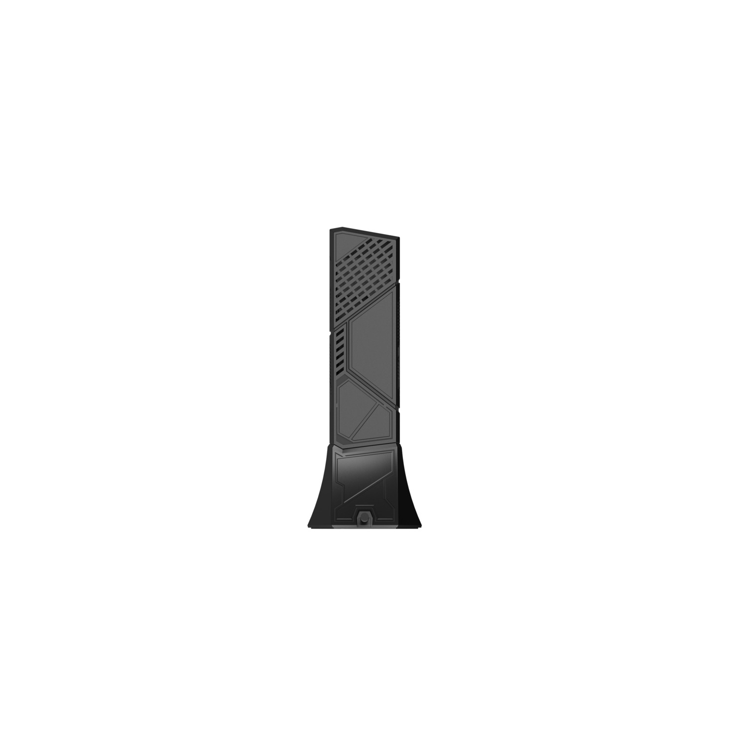 A black, futuristic-looking device stands upright against a white background. It features a patterned front and a sturdy base.