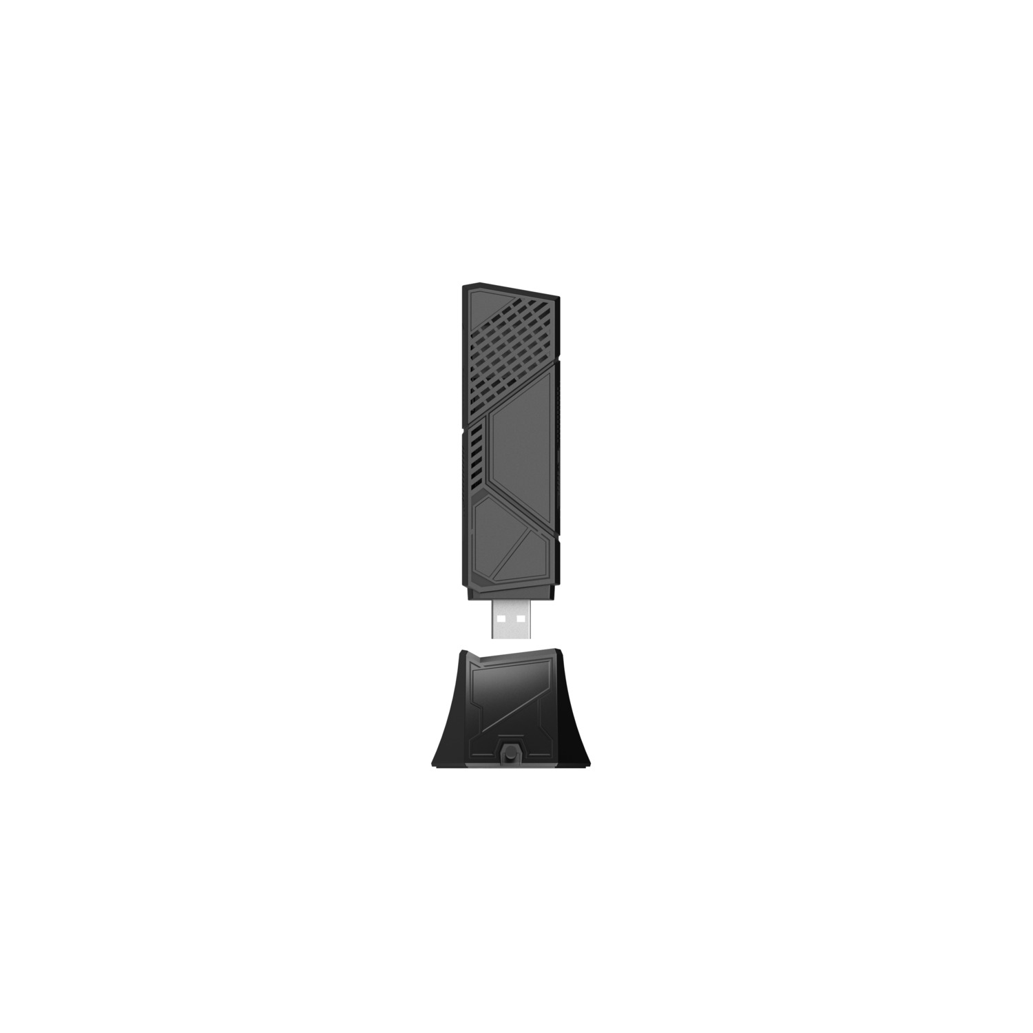 A black USB dongle with a stand. The dongle has a geometric design and a USB connector. The stand is also black.