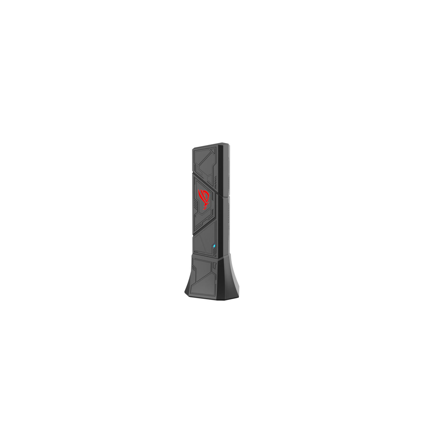 A black and gray ROG gaming device with a red logo is centered on a white background. The device has a futuristic design.