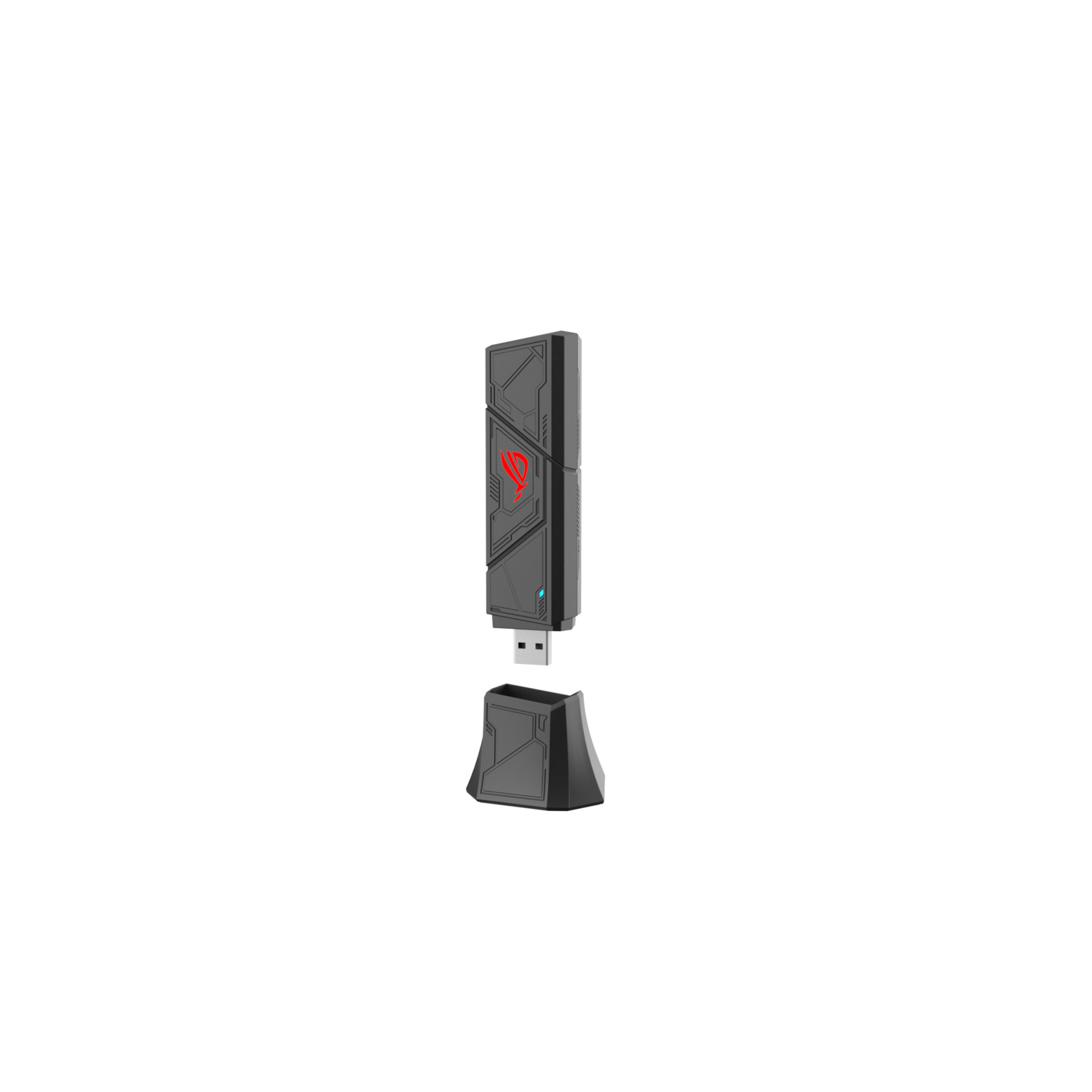 A black USB device with red accents and a matching stand. The device is on a white background, with a red logo.