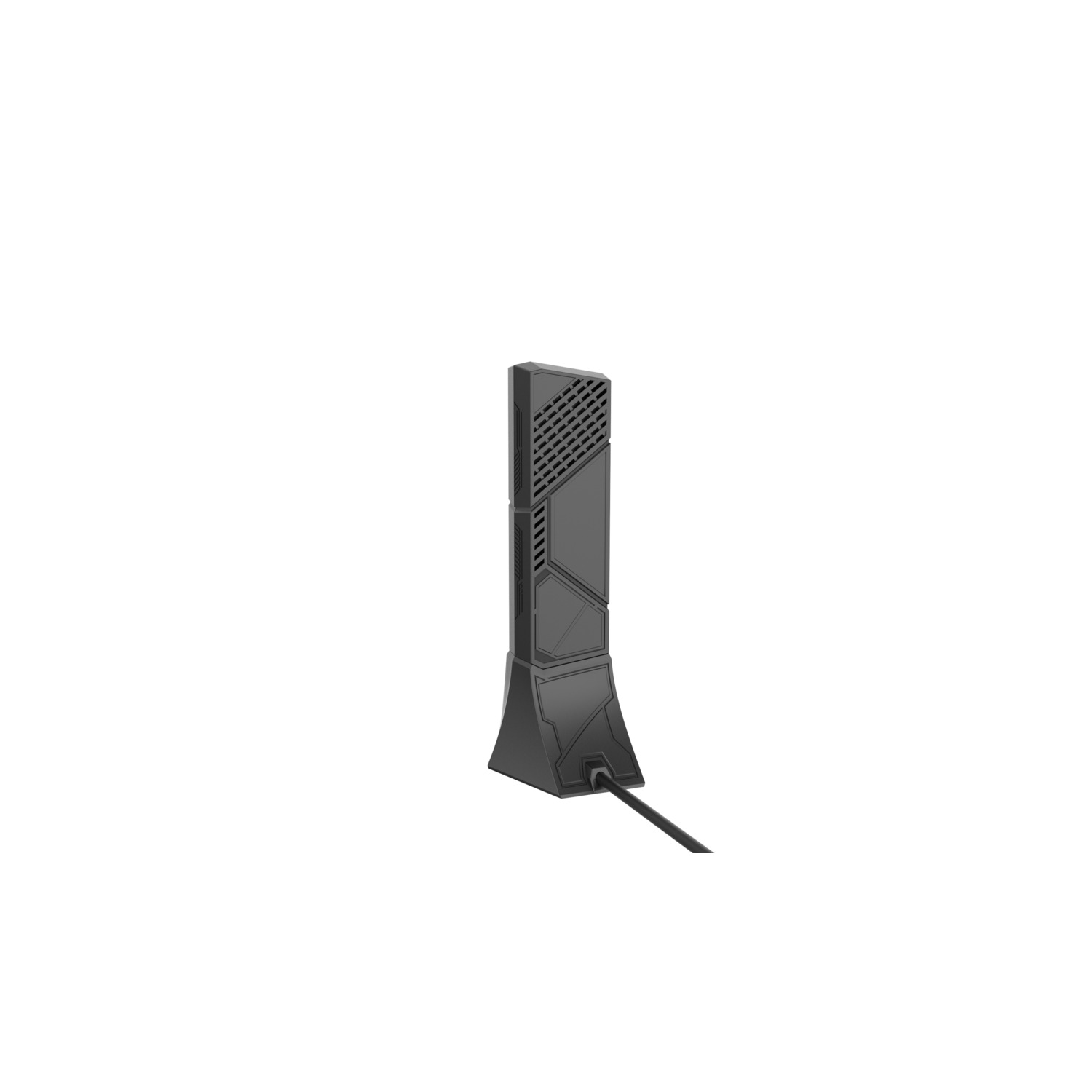 A gray, futuristic-looking device with a base and a tall, vertical body. A black cable extends from the base. The background is white.