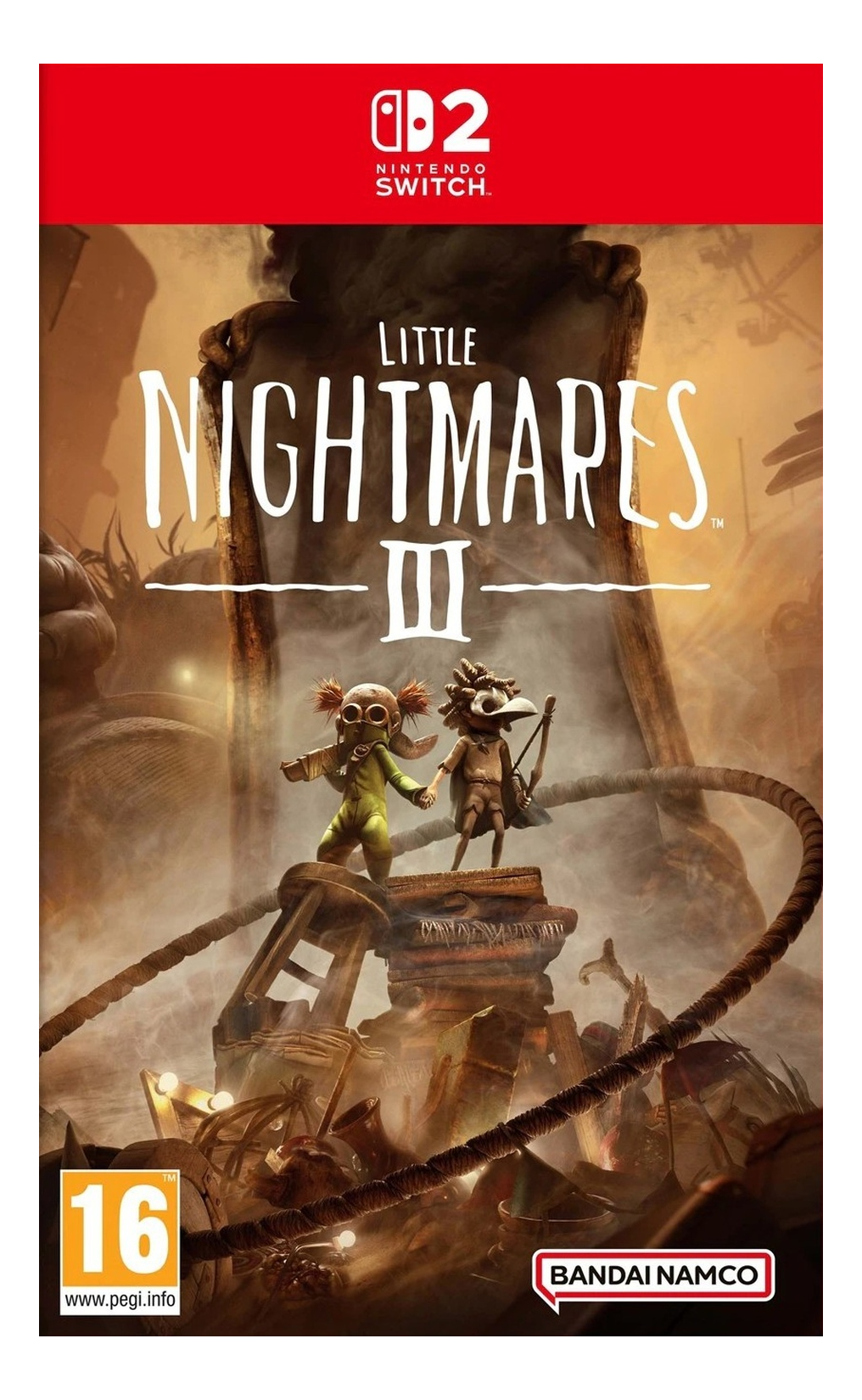 Copertina del gioco Little Nightmares III. Due personaggi su una struttura di legno. Il titolo è in lettere bianche.