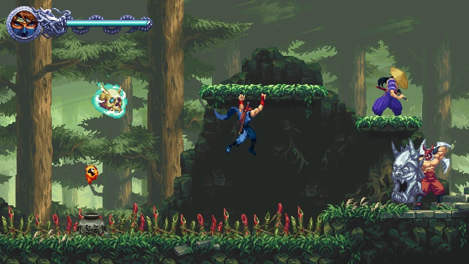 Una scena di gioco di ninja pixelata mostra un personaggio che salta, nemici e una barra della salute. Lo sfondo è una foresta.