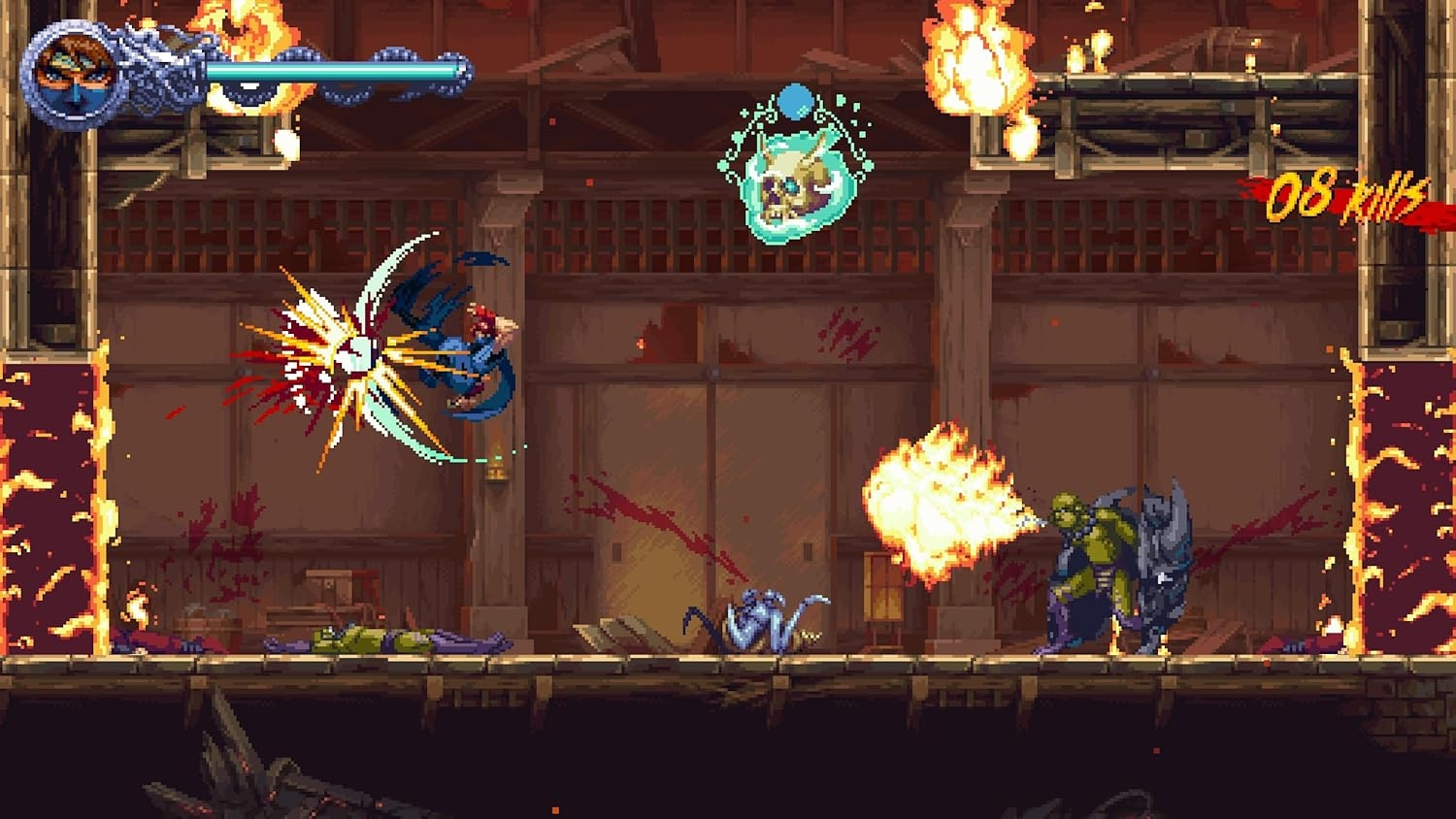 Una scena d'azione pixelata con un personaggio che attacca. Fiamme, nemici e un'icona a forma di teschio sono visibili. Schizzi di sangue.