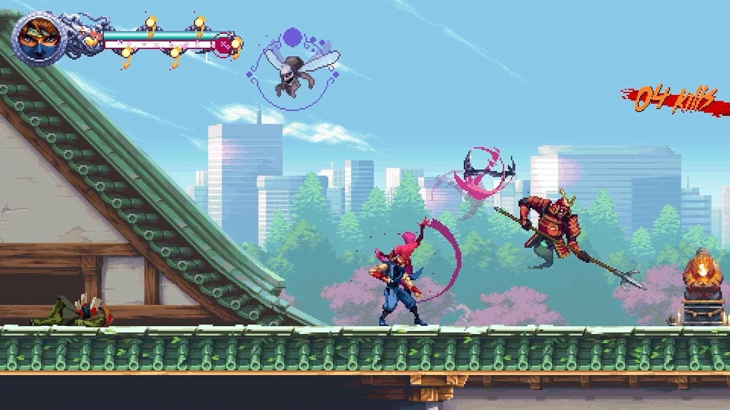 Scena di gioco pixelata. I personaggi combattono su un ponte con uno sfondo cittadino. Un samurai, creature simili a insetti e un ninja sono visibili.