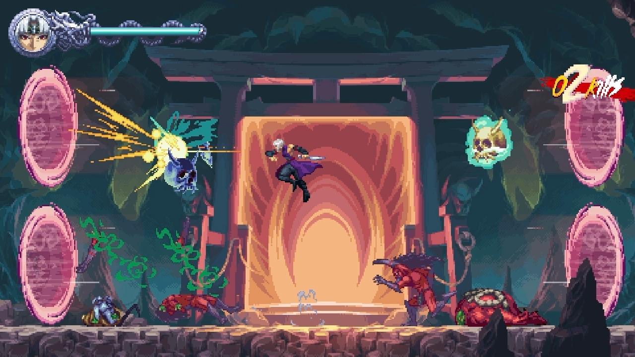 Scena in pixel art. Un personaggio con una spada combatte demoni vicino a un cancello. Sono visibili esplosioni di energia e mostri.