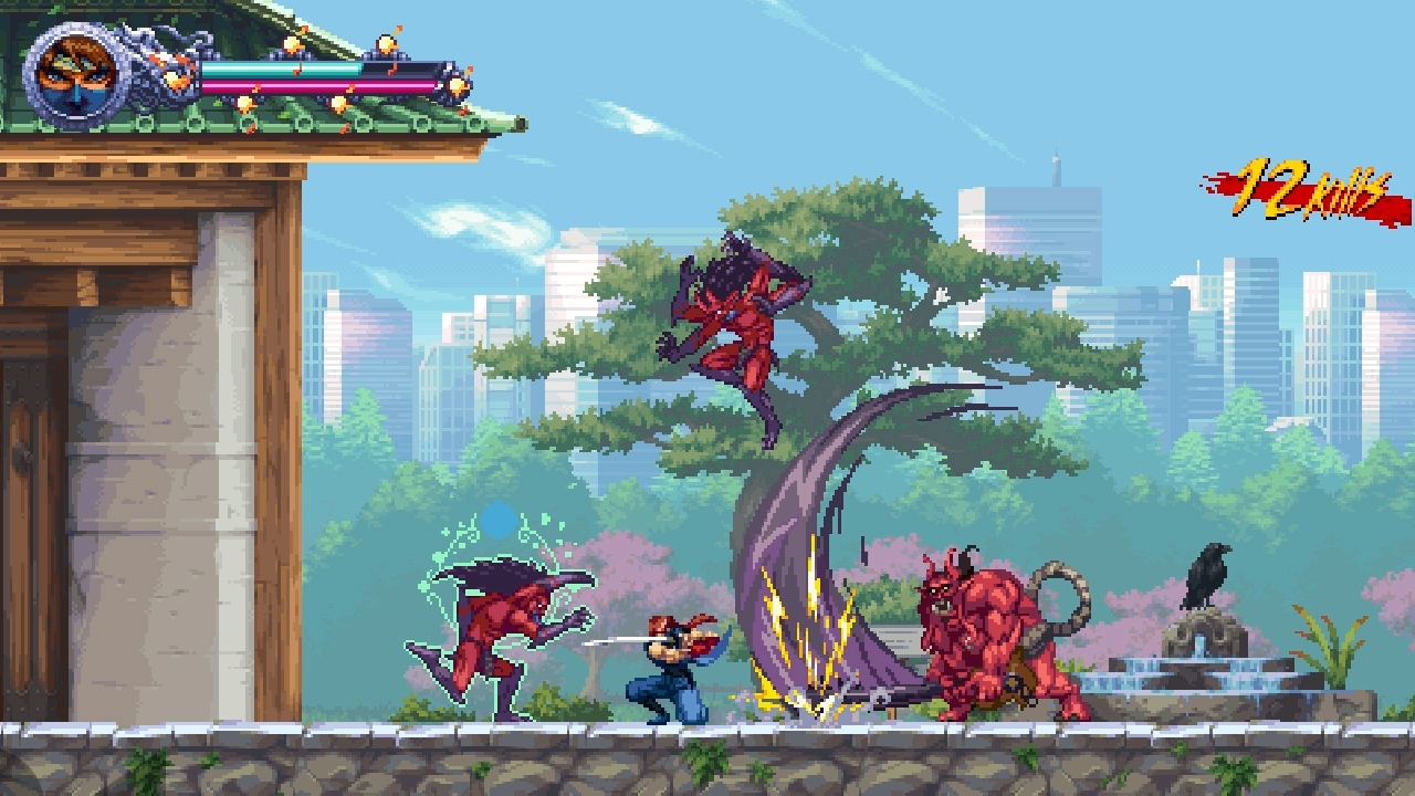 Scena d'azione pixelata. Ninja combatte contro demoni rossi. Edifici e un albero sullo sfondo. Il titolo del gioco è 12 Kills.