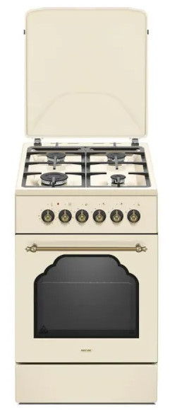 Kremowa kuchenka gazowa z otwartą górą. Ma cztery palniki, pokrętła i piekarnik ze szklanymi drzwiami.