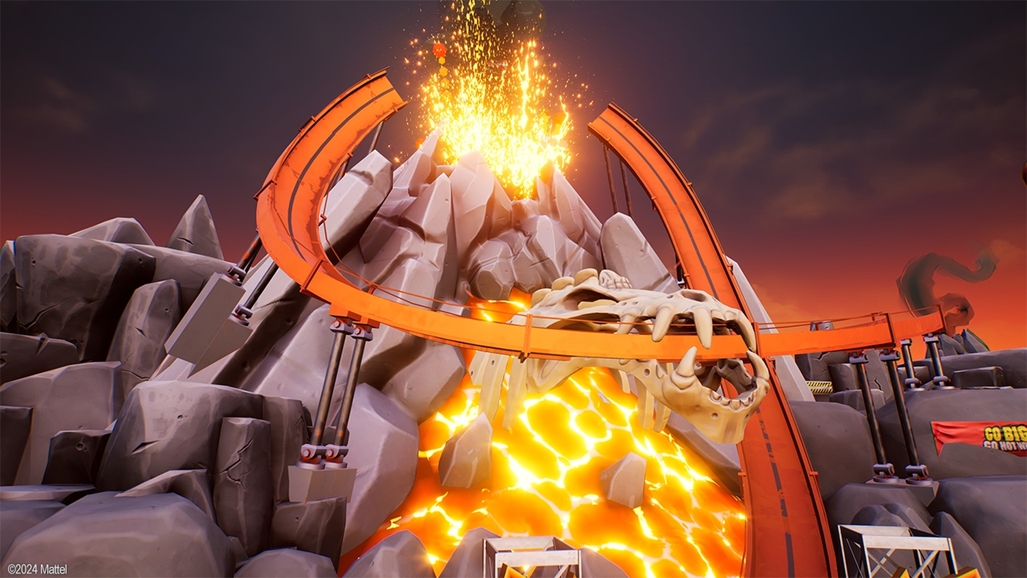Eine orangefarbene Hot-Wheels-Strecke über einem Vulkan. Feuer bricht aus der Spitze aus. Ein Schädel befindet sich auf der Strecke. Der Himmel ist orange und grau.
