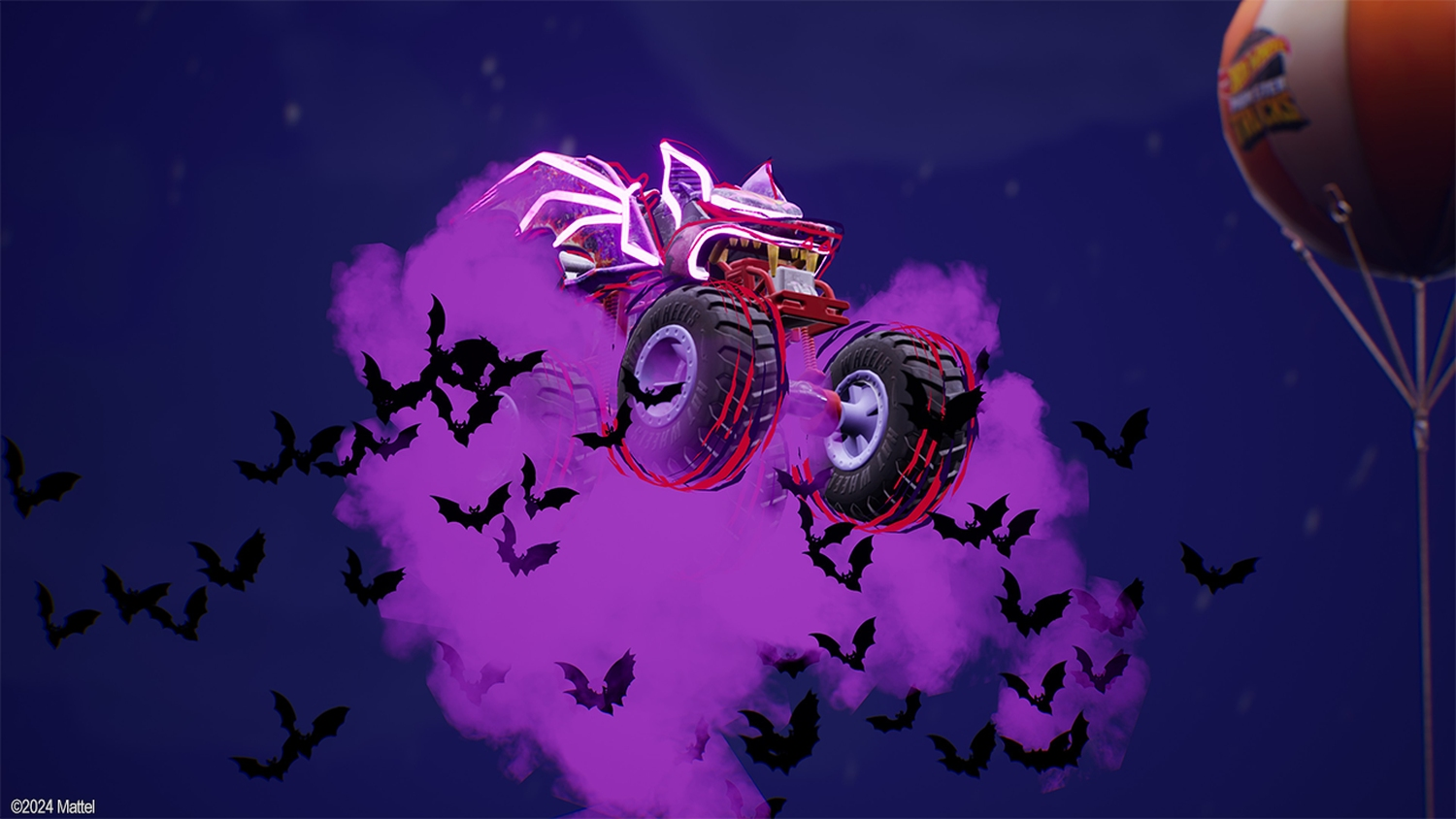 Ein Monstertruck mit fledermausartigen Merkmalen schwebt in lila Rauch mit Fledermäusen. Im Hintergrund ist ein Ballon.