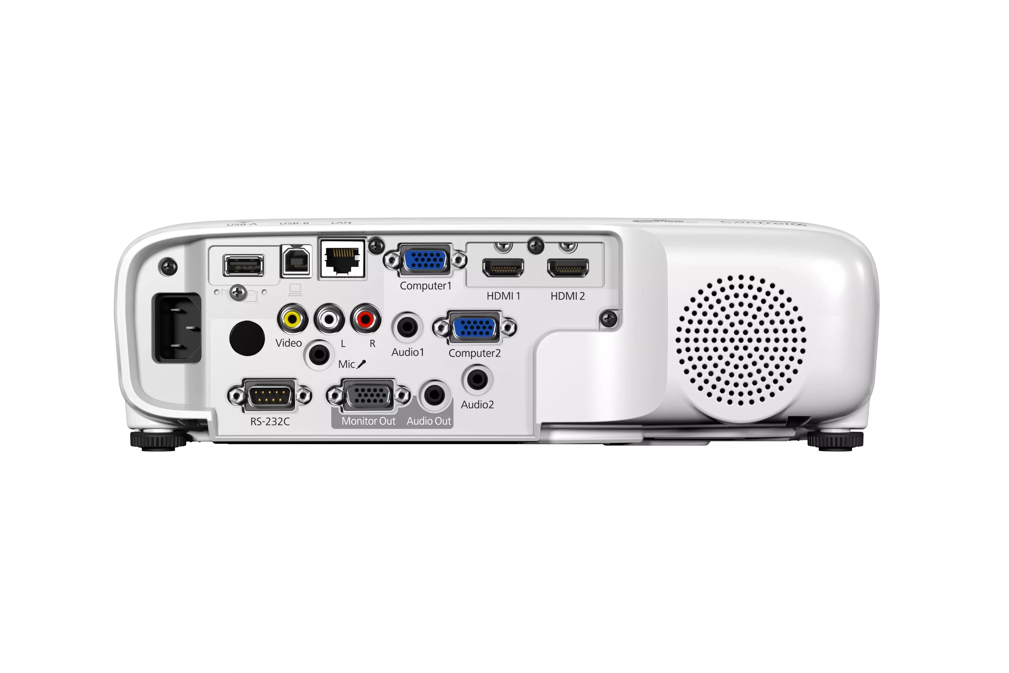 Egy fehér projektor hátlapján különböző portok találhatók: HDMI, VGA, USB, audio és tápellátás. Jobbra egy hangszóró rács látható.