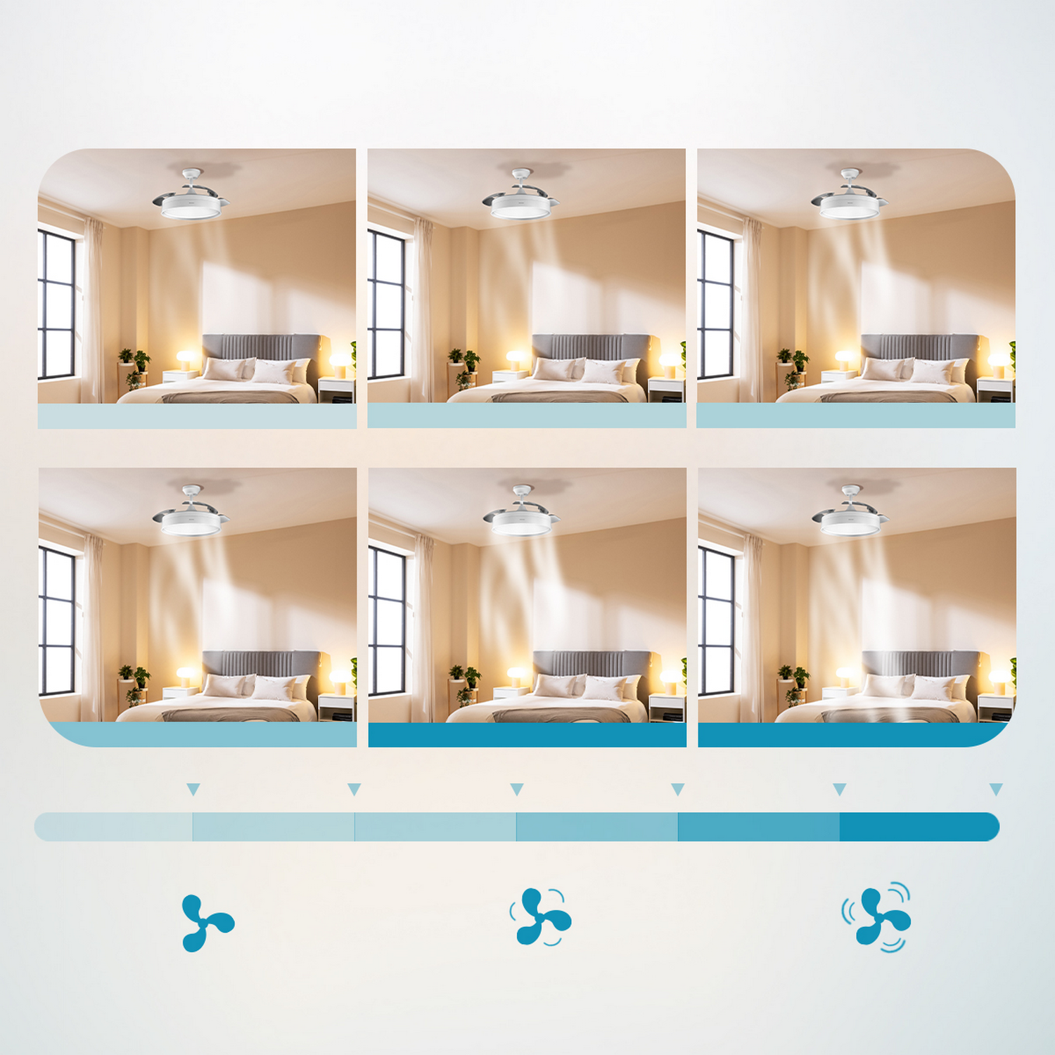 Escenas de dormitorio con ventiladores de techo. La barra de progreso muestra el aumento de la velocidad del ventilador. Cada escena muestra una cama, ventanas y mesitas de noche.