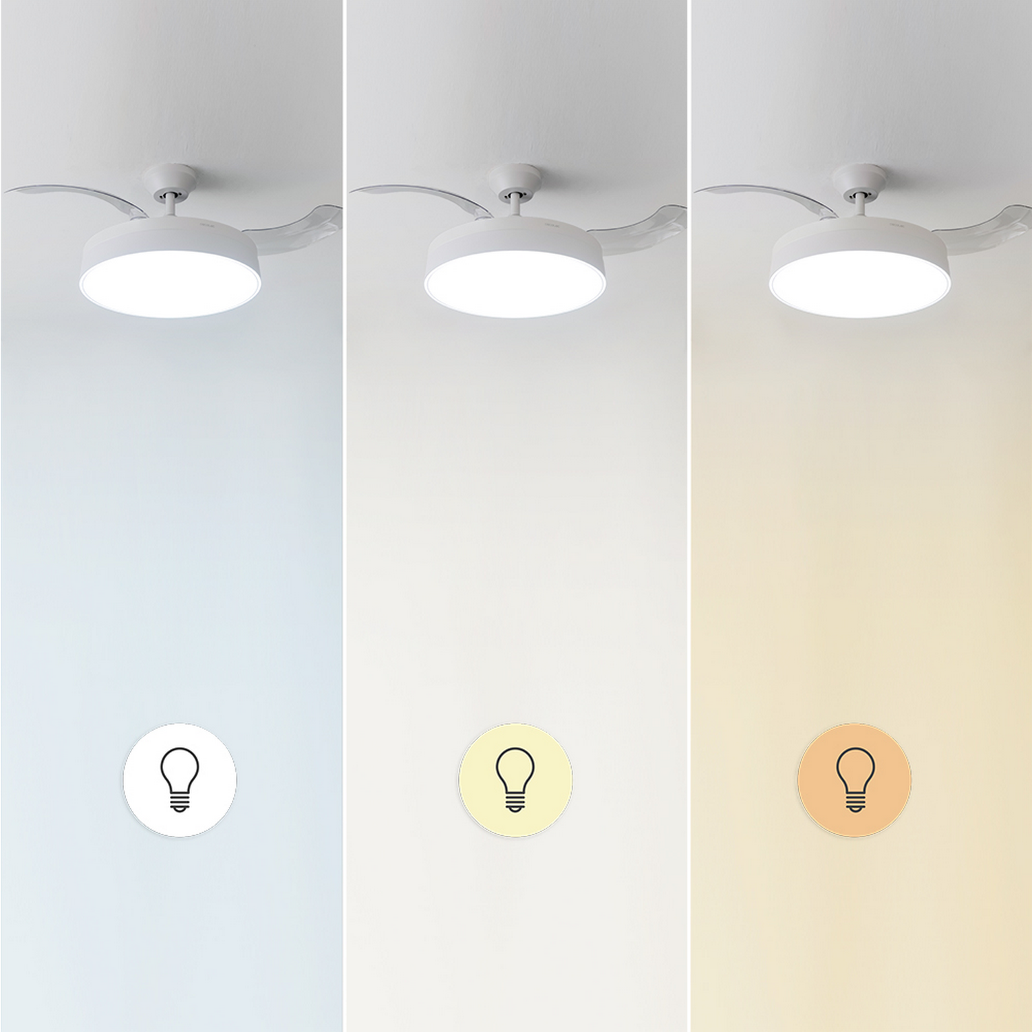 Un ventilador de techo con luz. La luz está encendida y tiene tres temperaturas de color diferentes: blanco frío, blanco neutro y blanco cálido.