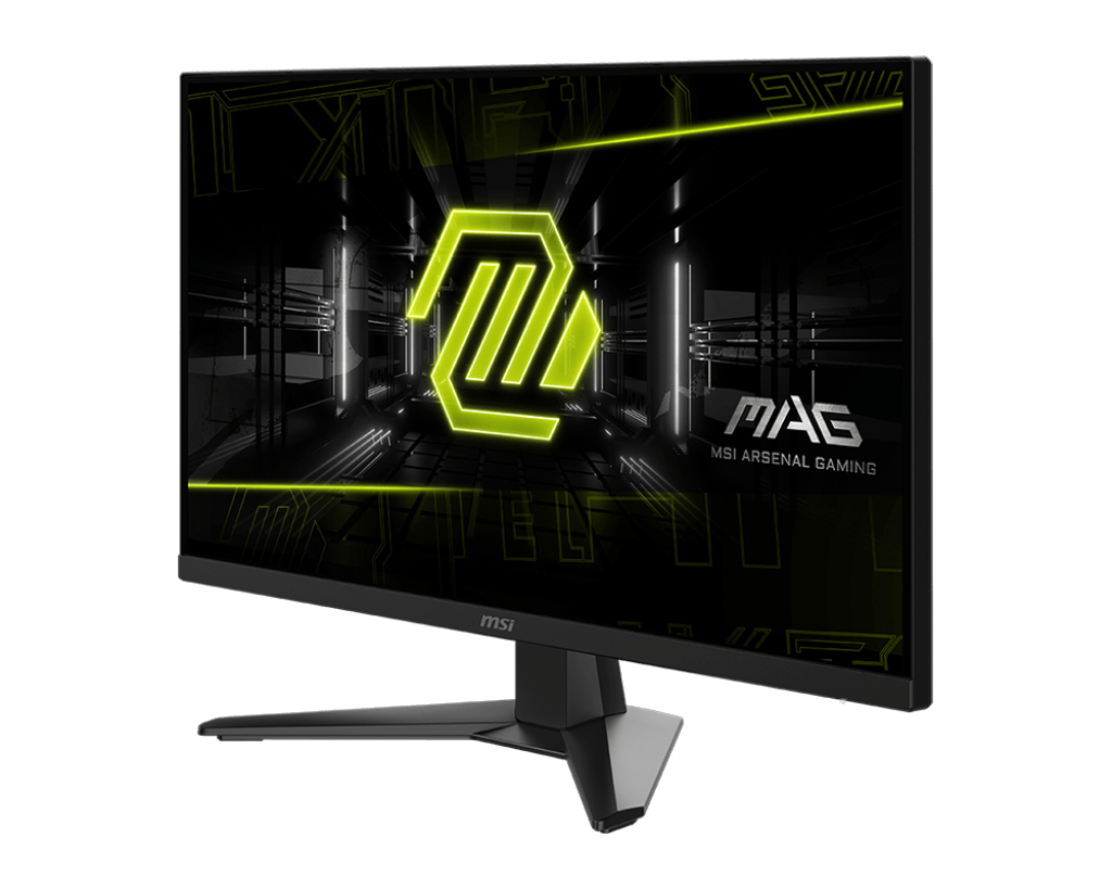 Monitor gaming MSI MAG. Marco negro con detalles verde neón sobre fondo negro. La pantalla muestra un diseño futurista.