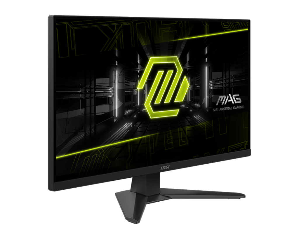 Monitor de computadora negro con detalles verdes. La pantalla muestra un diseño geométrico. La marca es MSI.