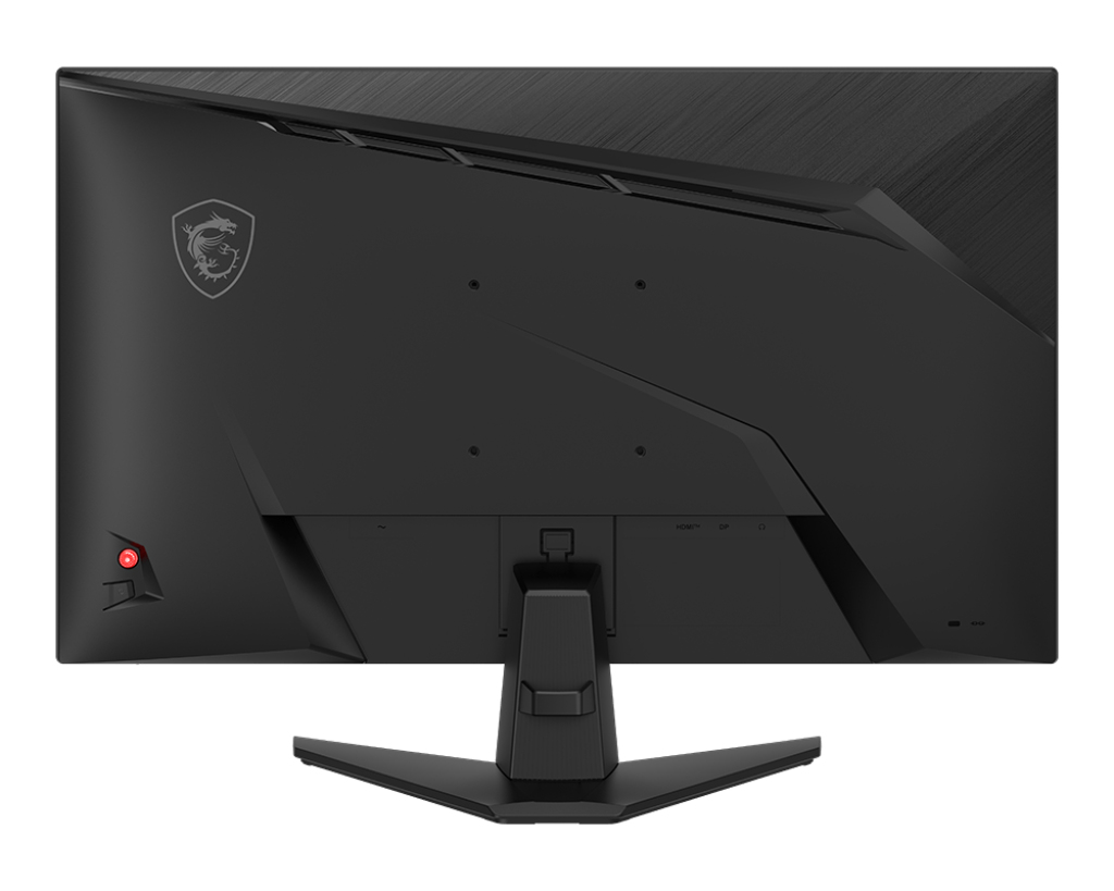 Parte trasera de un monitor de computadora negro con un soporte. Tiene un logotipo y puertos. El soporte es negro.