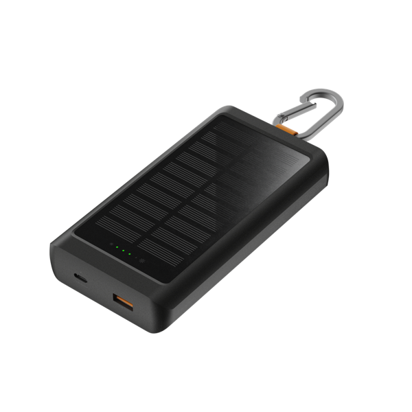 Un banco de energía solar negro con un mosquetón plateado. La parte superior tiene paneles solares, el lateral tiene puertos USB y luces indicadoras.
