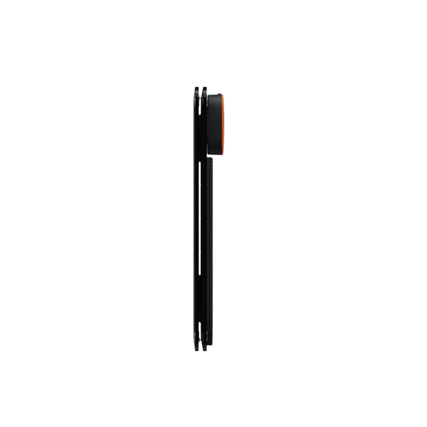 Un objeto vertical negro con un círculo naranja en la parte superior derecha. El objeto tiene una superficie texturizada y está contra un fondo negro.