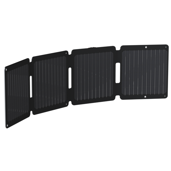 Un panel solar negro y plegable se muestra sobre un fondo negro. Tiene cuatro secciones, cada una con líneas verticales.