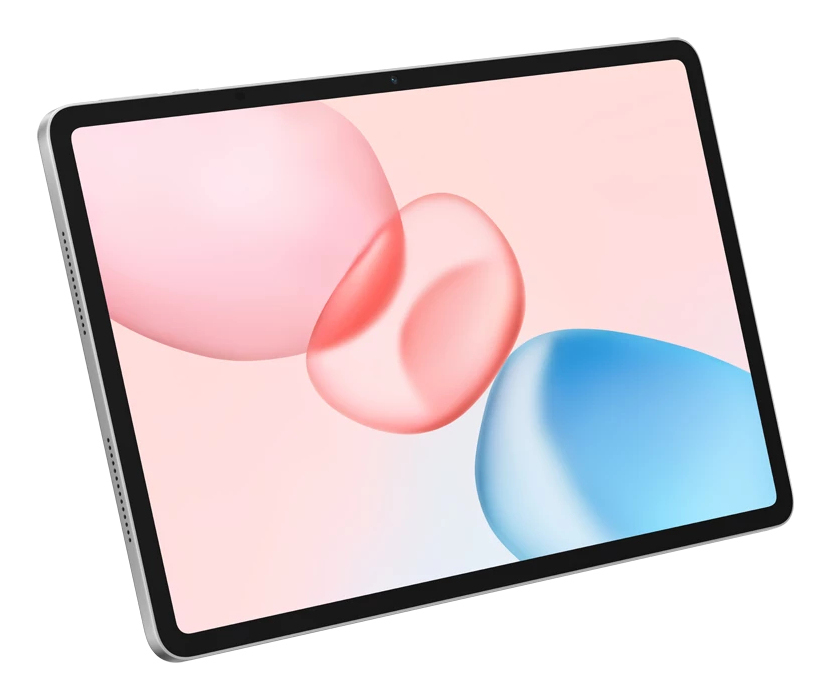 Una tableta plateada muestra un diseño abstracto rosa y azul en su pantalla. La tableta está ligeramente inclinada.