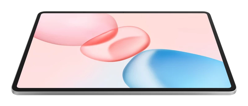 Una tableta con una pantalla que muestra formas abstractas rosas y azules. La tableta está sobre un fondo blanco.