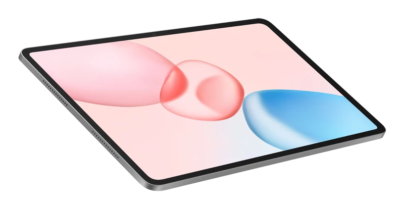 Una tableta ligeramente inclinada, con un diseño abstracto rosa y azul en la pantalla. La tableta tiene un marco plateado y un bisel negro.
