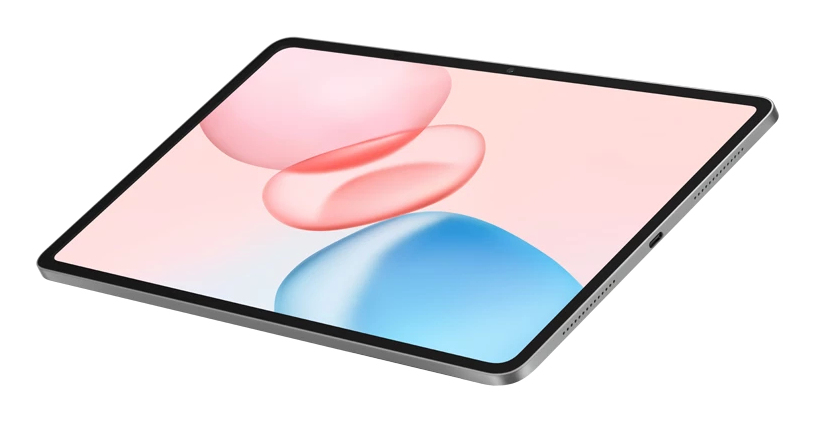 Una tableta con un fondo rosa claro y azul con formas flotantes. La tableta está en ángulo y tiene un marco plateado.