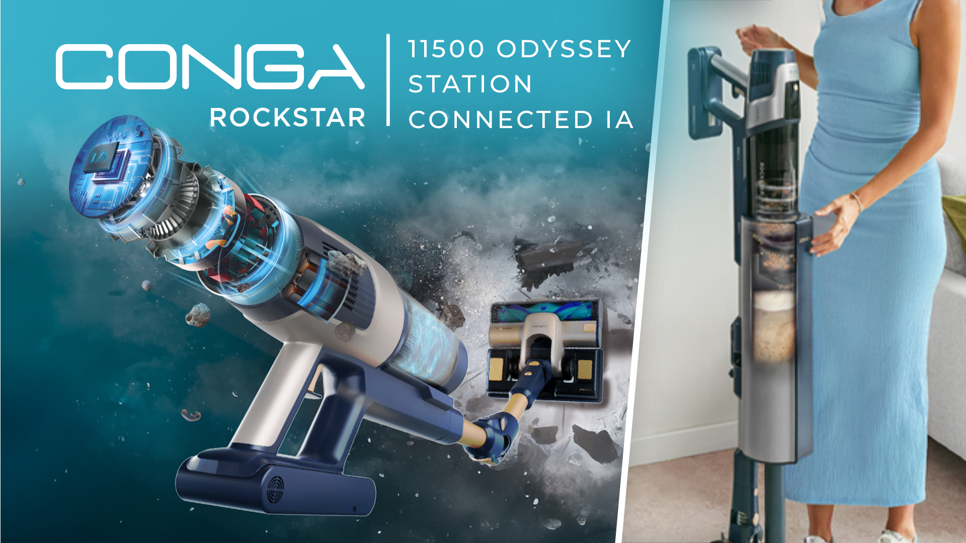 La imagen muestra una aspiradora con detalles internos, una mujer sosteniéndola y texto del producto: CONGA ROCKSTAR 11500 ODYSSEY STATION CONNECTED IA.