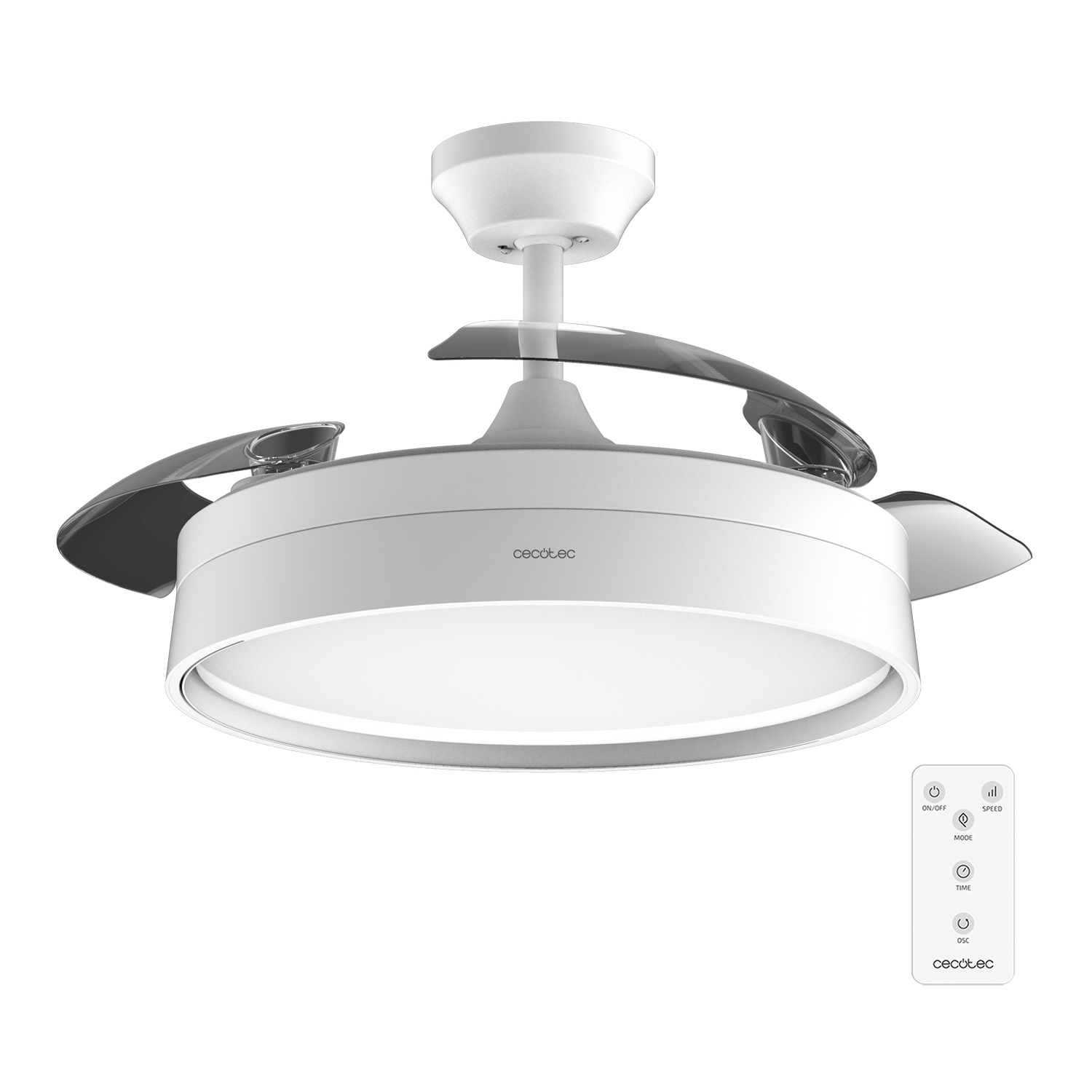 Un ventilador de techo blanco con aspas transparentes y un mando a distancia. El ventilador tiene una luz. Fondo gris.