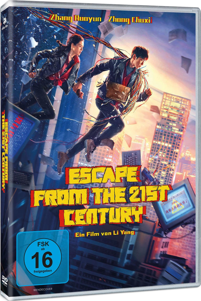 Filmcover zeigt zwei rennende Personen, Drähte und Bildschirme. Der Titel lautet 'Escape From The 21st Century'.