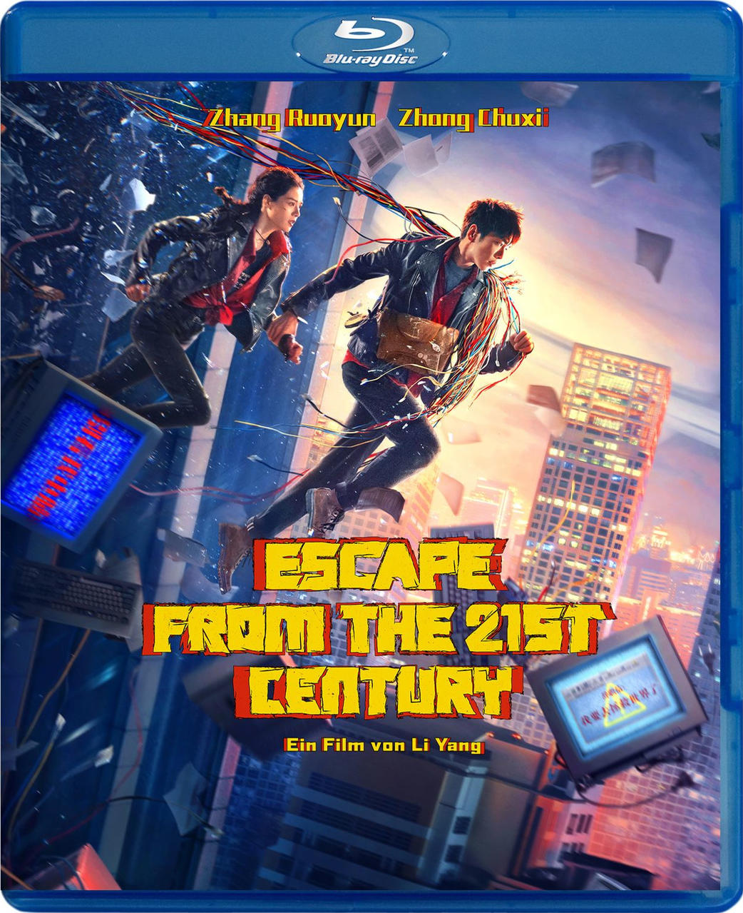 Blu-ray-Cover. Zwei Personen rennen. Titel: Escape from the 21st Century. Stadtkulisse. Drähte, Bildschirme und Text auf Chinesisch und Deutsch.