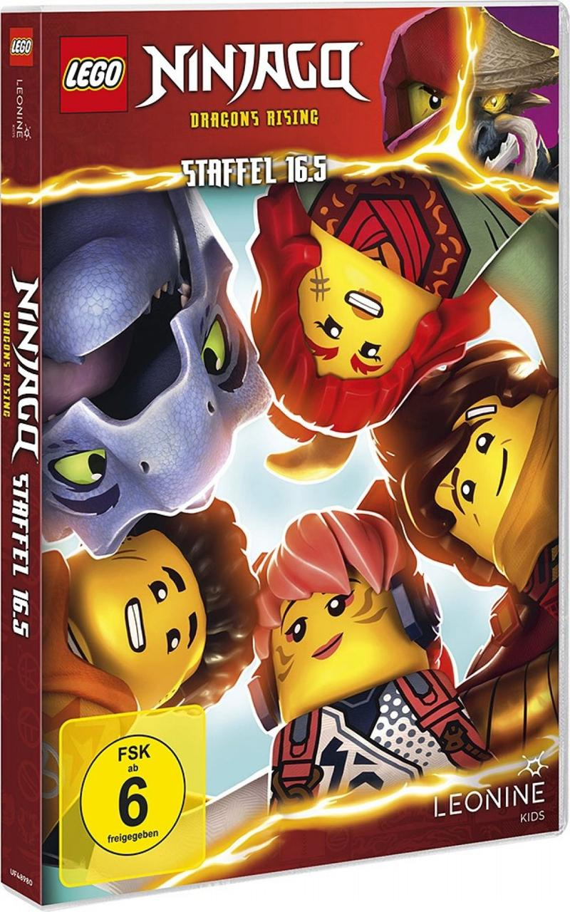 LEGO Ninjago Dragons Rising DVD-Cover. Enthält Lego-Charaktere mit Drachen und einen gelb-roten Hintergrund.