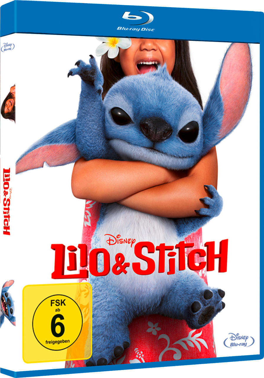 Blu-ray-Cover von Lilo & Stitch. Stitch, ein blauer Außerirdischer, wird von einem Mädchen gehalten. Der Titel ist rot, die Bewertung FSK 6.