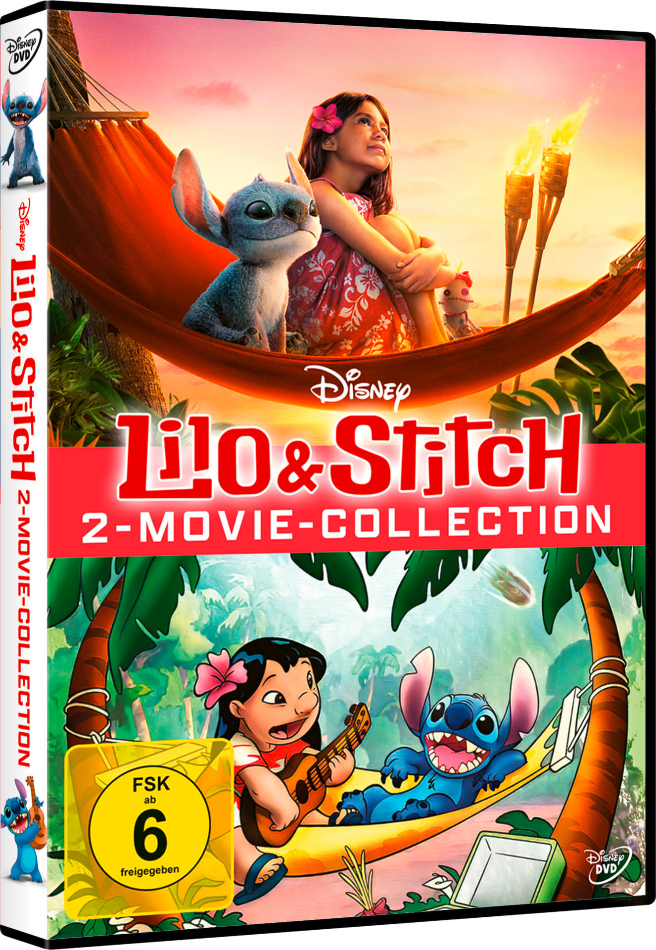 Ein Disney Lilo & Stitch DVD-Cover. Es zeigt Lilo und Stitch. Ein Mädchen sitzt mit Stitch in einer Hängematte. Lilo spielt Gitarre.