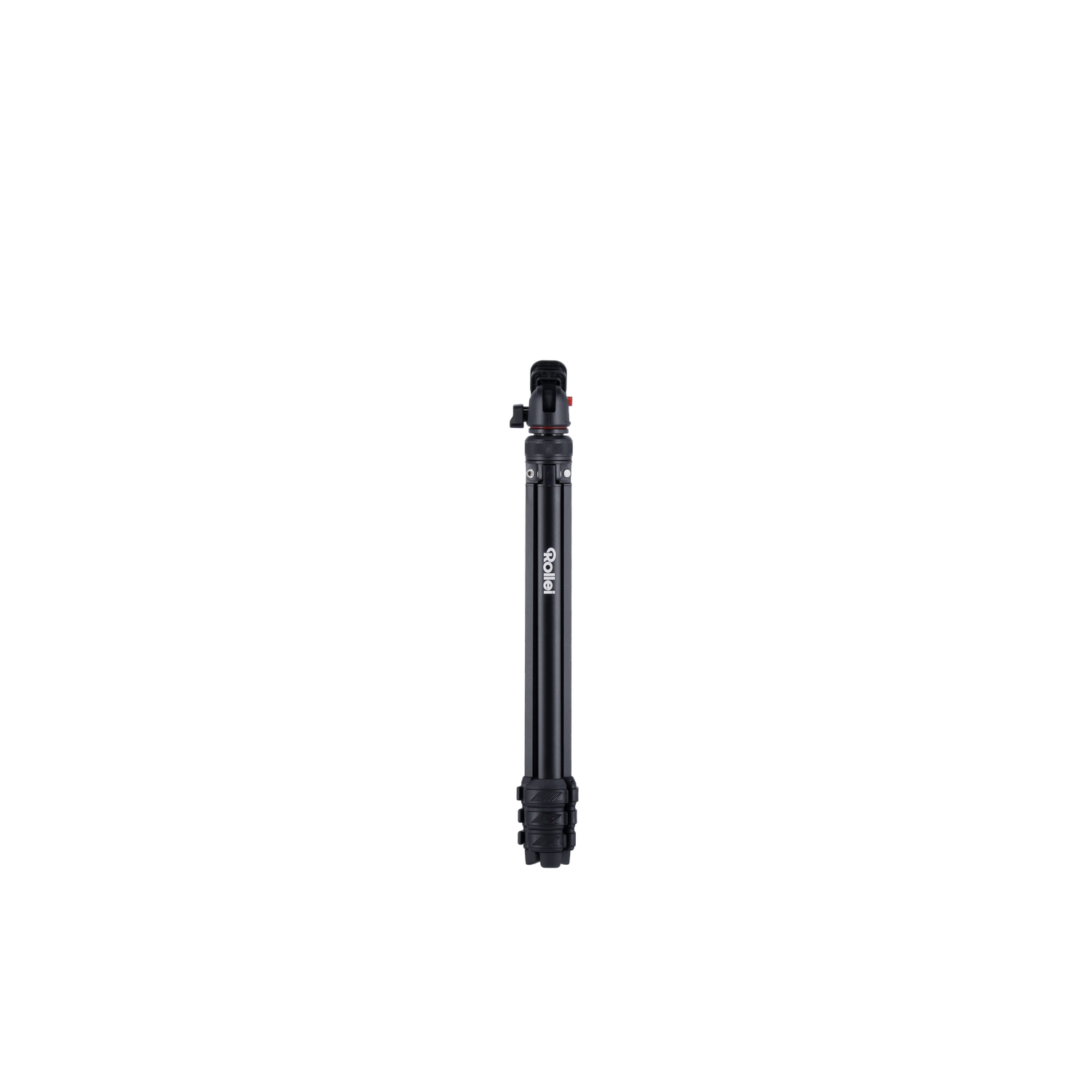 A black Rollei tripod stands centered against a black background. The tripod is fully extended, displaying its legs and head.