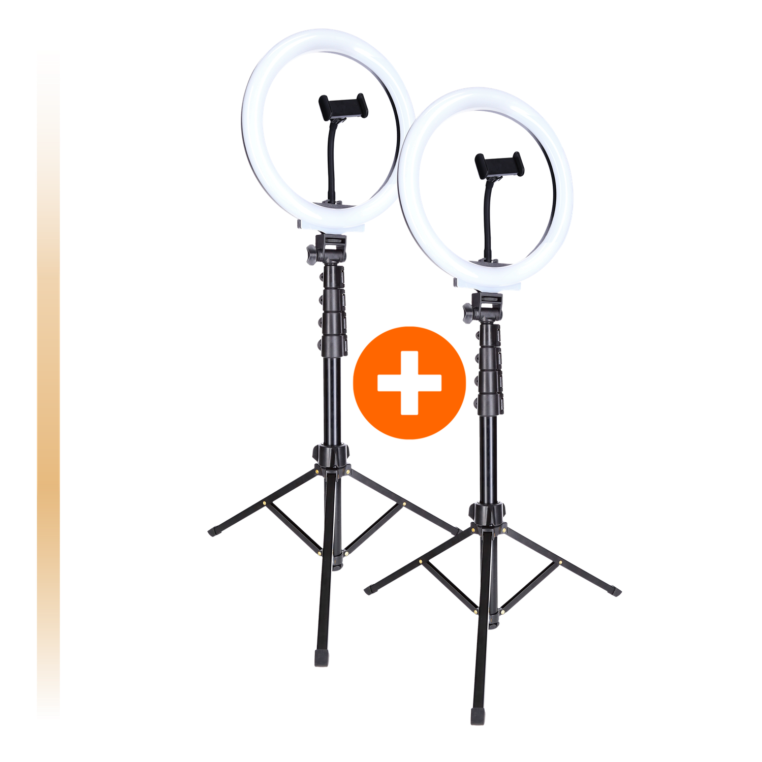 Twee ringlampen met telefoonhouders op zwarte statieven. Een oranje plus symbool in het midden.