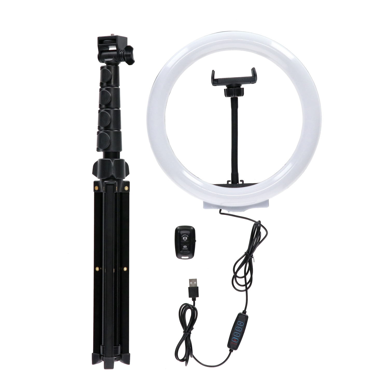 Een ringlichtkit op een zwarte achtergrond. Inclusief ringlicht, statief, telefoonhouder, afstandsbediening, USB-kabel en dimmerbediening.