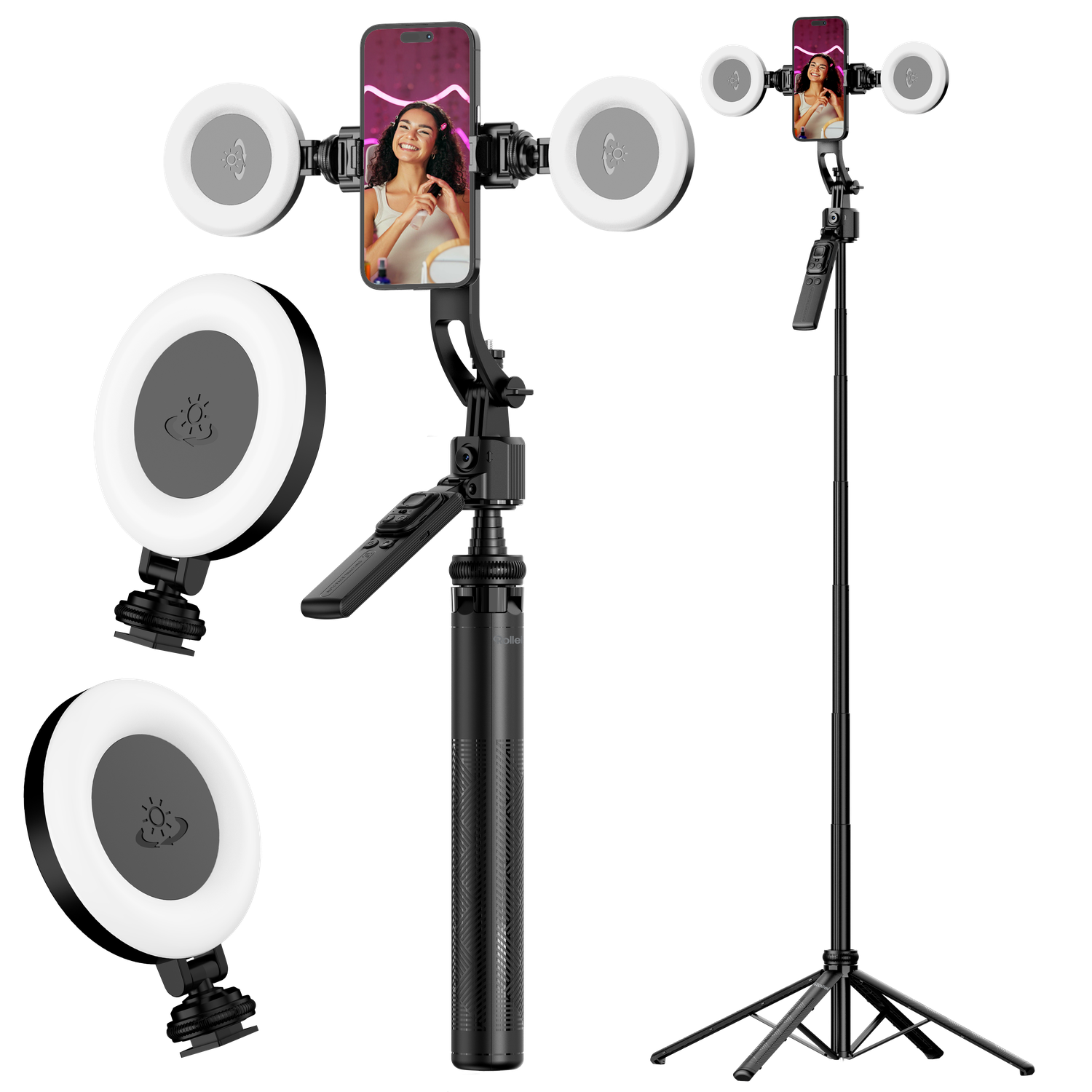 Een zwarte selfiestick met een telefoon eraan, omringd door drie ringlichten. De telefoon toont een vrouw. Zwarte achtergrond.