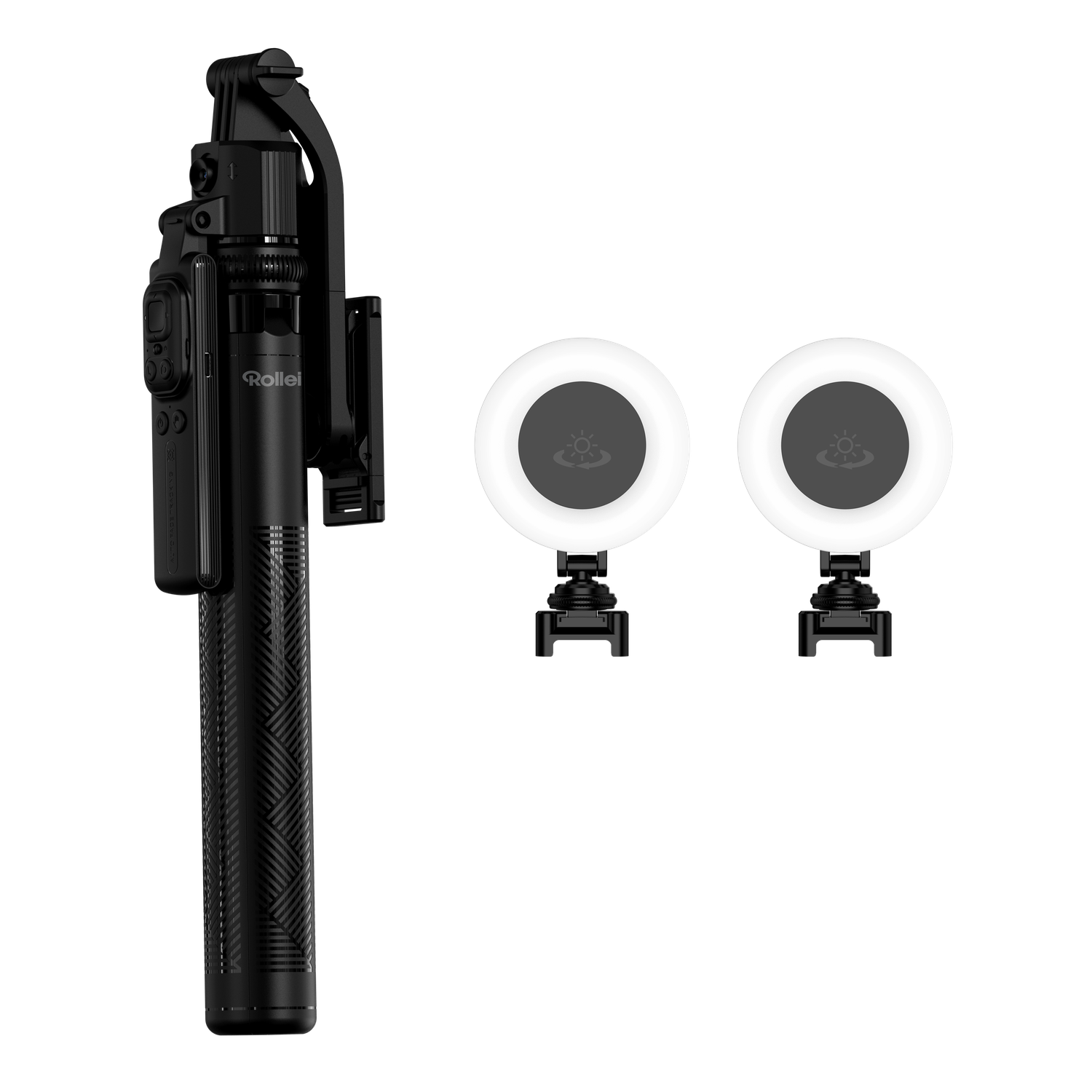 Een zwarte selfiestick met een camera en twee ronde LED-lampen, alles op een zwarte achtergrond.