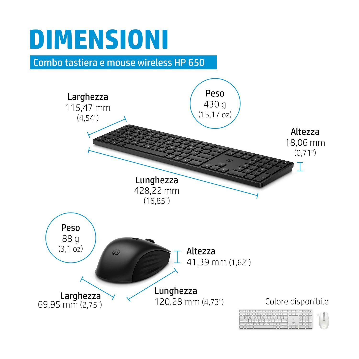Combo tastiera e mouse wireless HP 650 nero. Le dimensioni e il peso sono visualizzati con etichette.