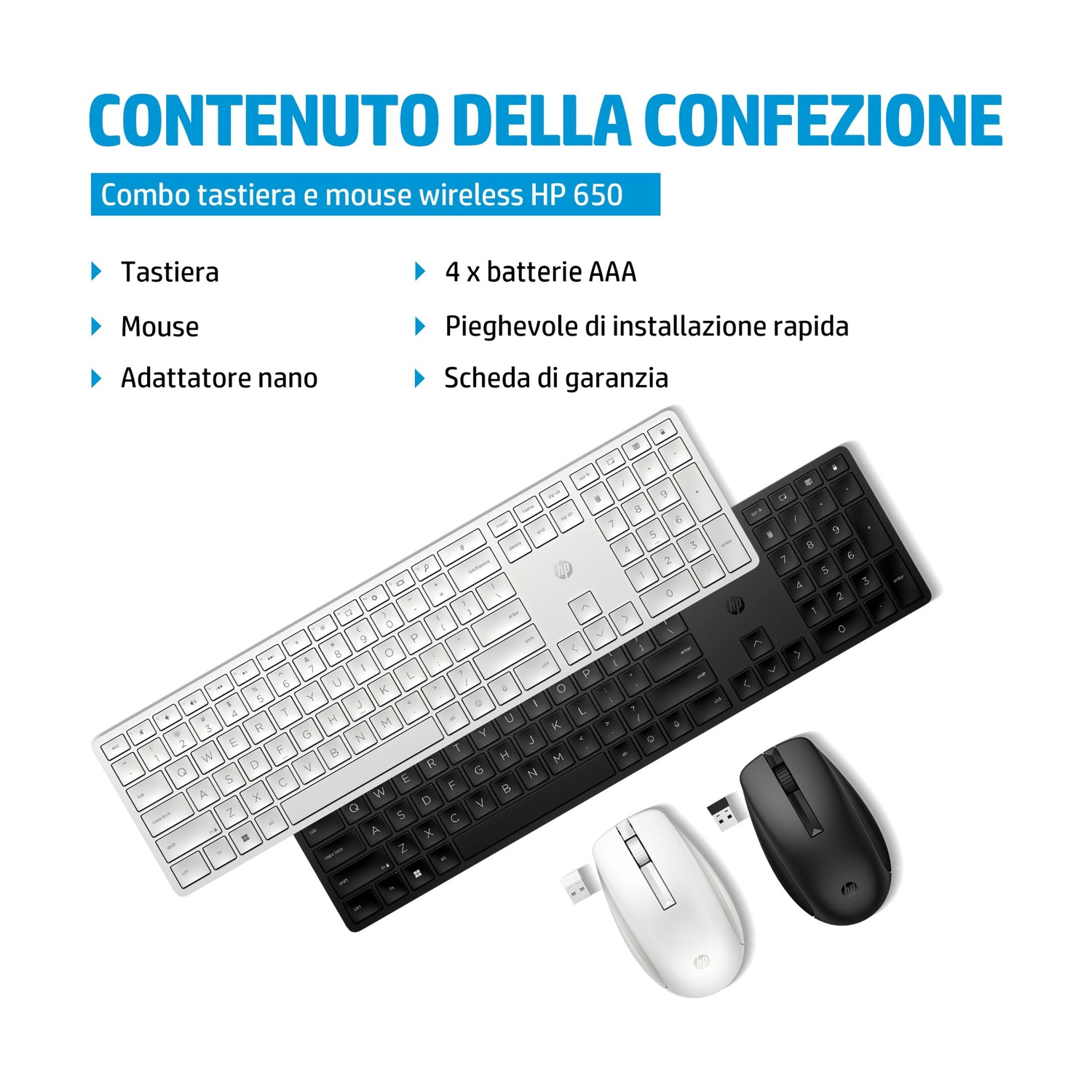 Una tastiera bianca e una nera, due mouse e un nano adattatore. Il testo dice: Combo tastiera e mouse wireless HP 650.
